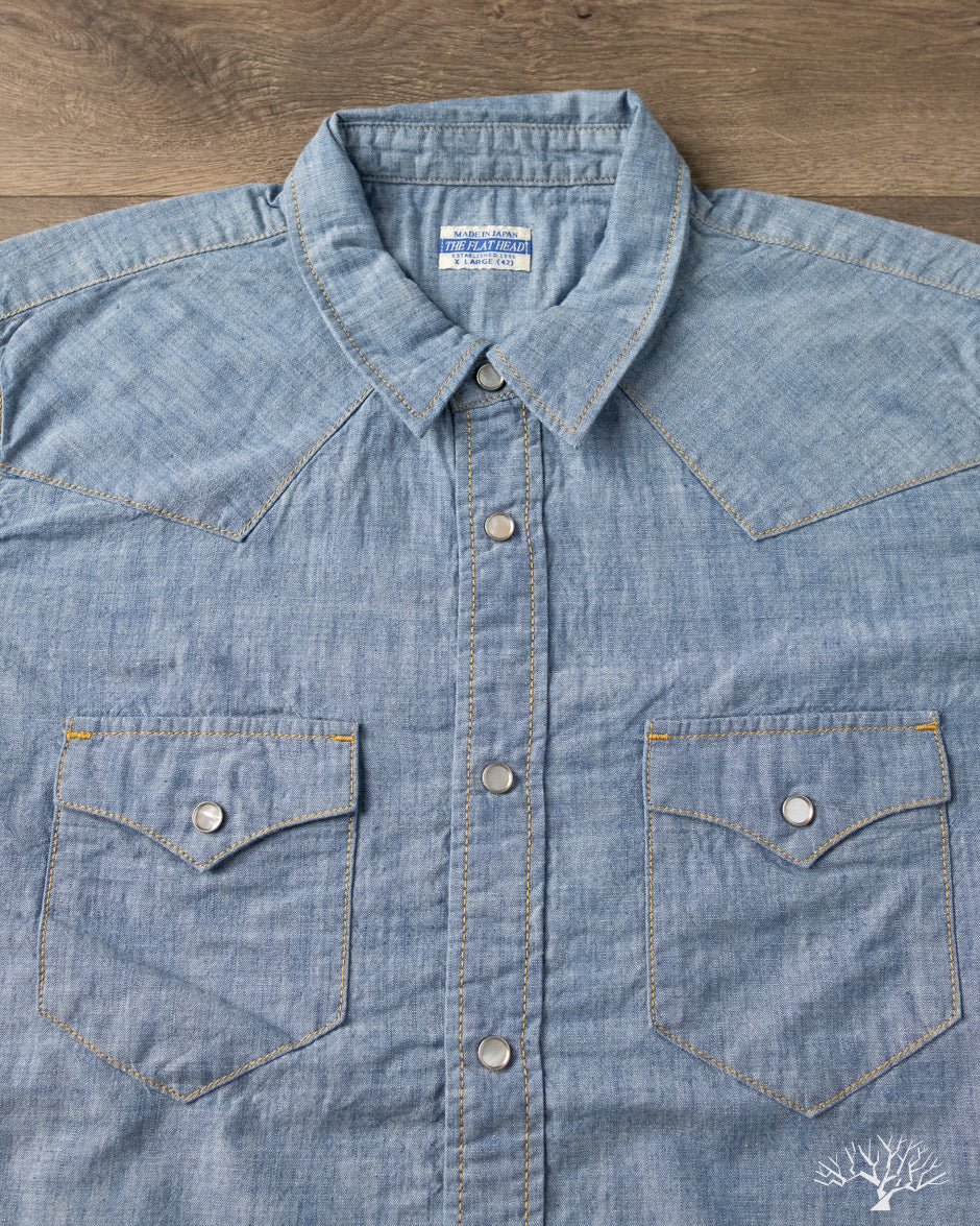 chambray dress shirt The Flat Head - FN-SCW-003L - 5oz Chambray Western Shirt - Blue 36