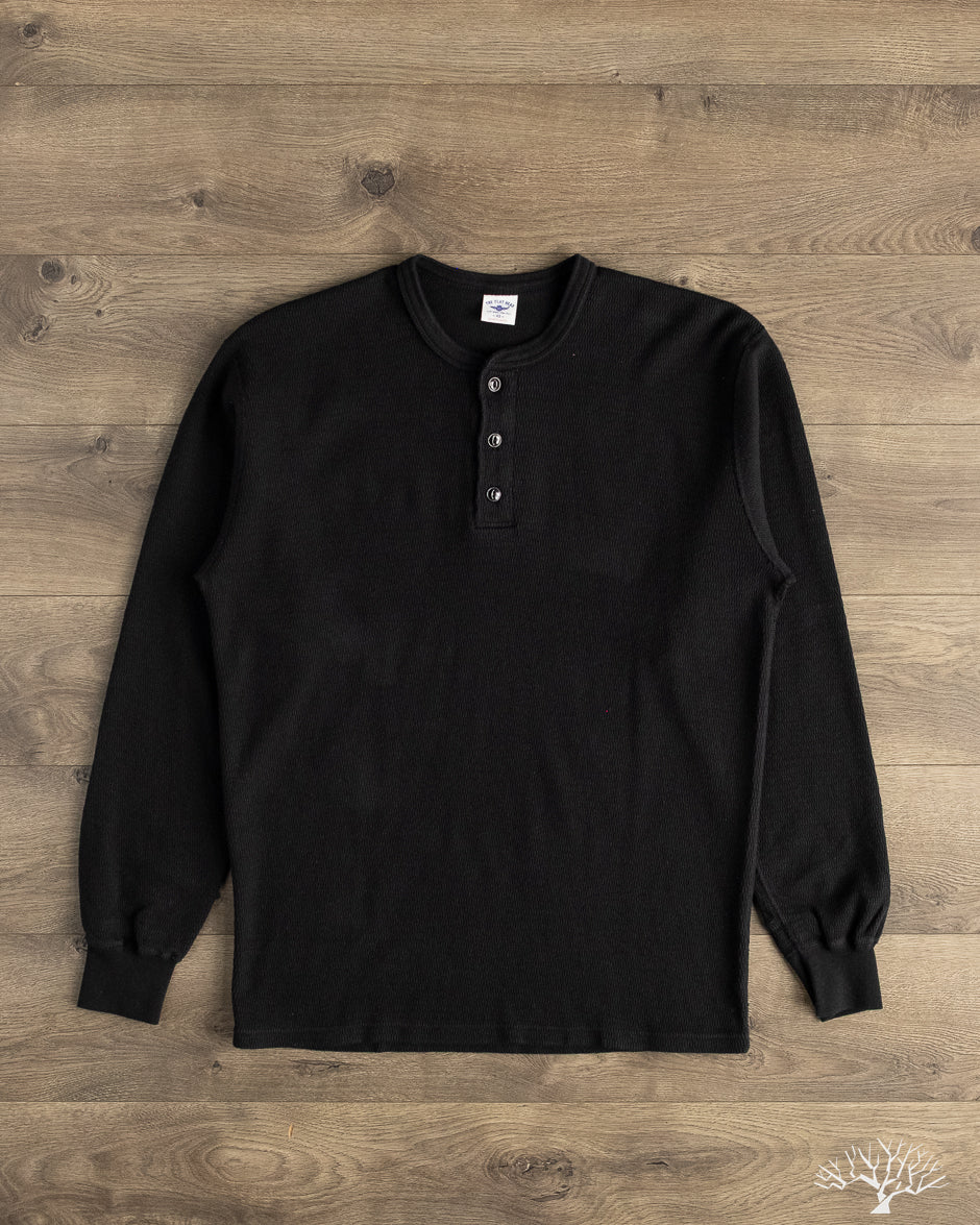 The Flat Head - FN-THLH-004 - Waffle Knit Henley Thermal - Black