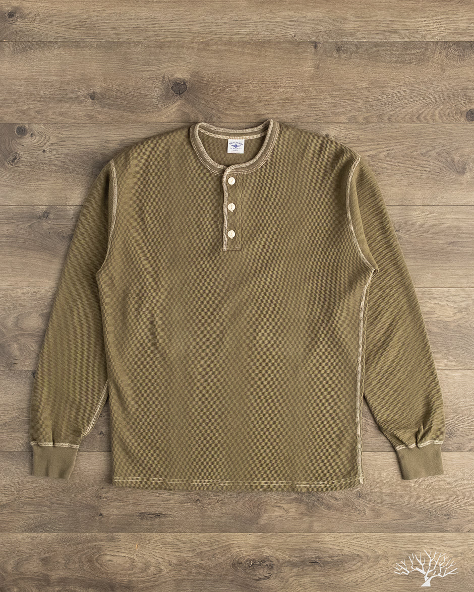 The Flat Head - FN-THLH-004 - Waffle Knit Henley Thermal - Olive