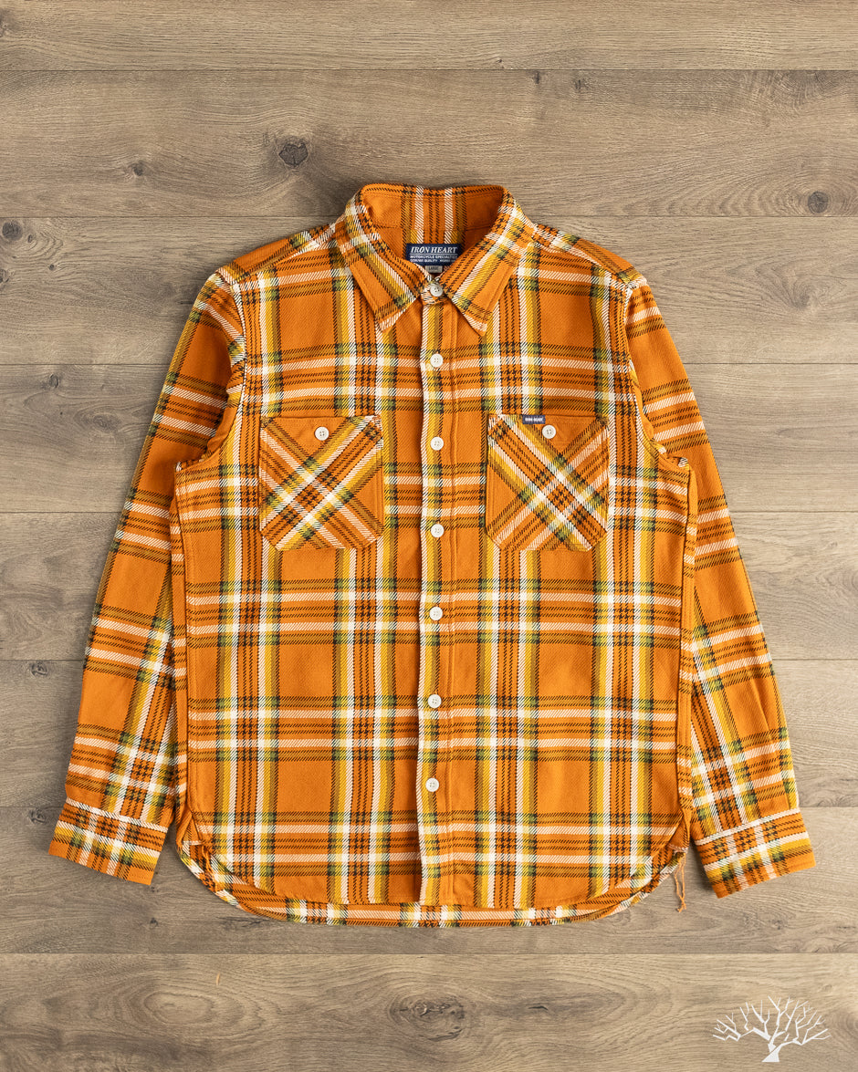トップス SUBCULTURE WOOL CHECK SHIRT ORANGE 2 Iron Heart - IHSH-442-ORA - 9oz Selvedge Flannel Check Work Shirt