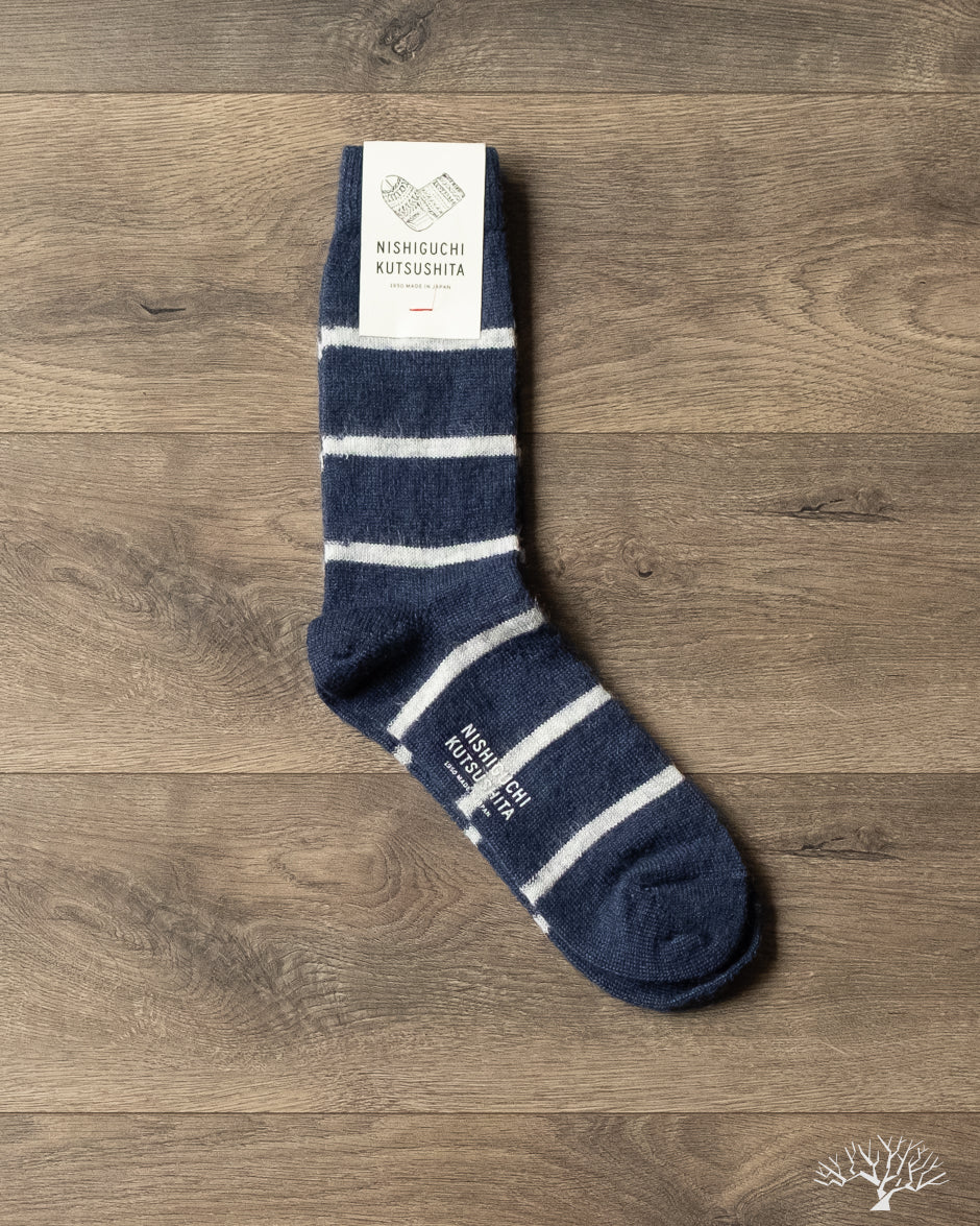 Nishiguchi Kutsushita - Mohair Wool Border Socks - Navy – Withered Fig