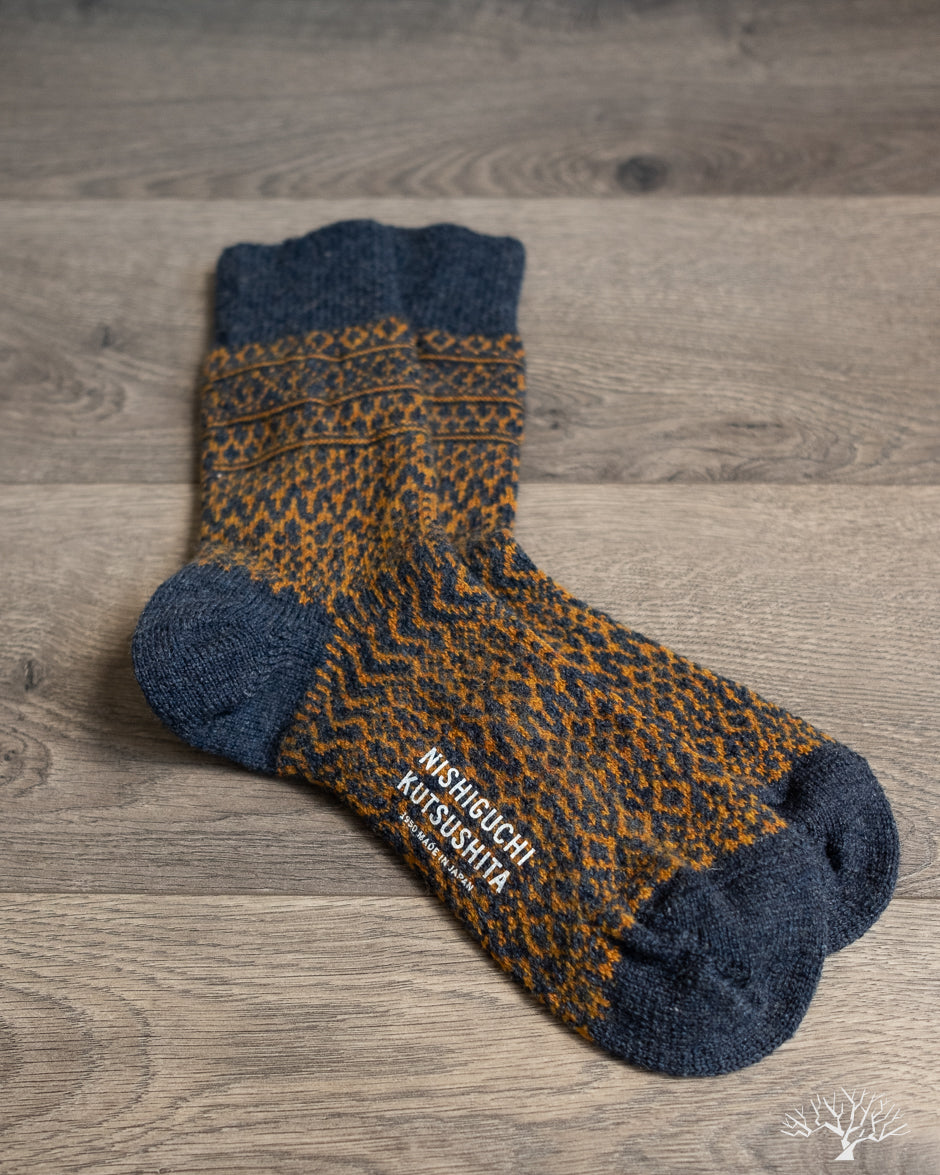Nishiguchi Kutsushita - Wool Jacquard Socks - Navy – Withered Fig