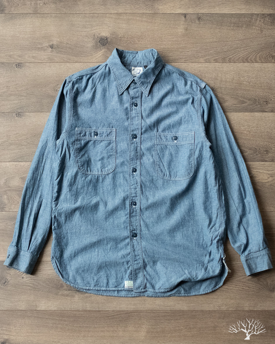 orSlow - Slim Fit Blue Chambray Work Shirt Withered Fig orSlow - Slim Fit Blue Chambray Work Shirt Withered Fig