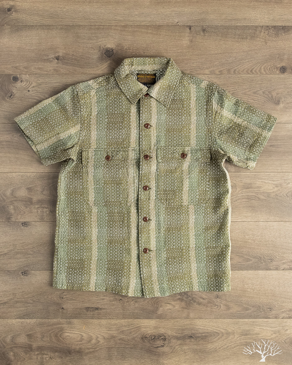 Studio D'Artisan - Noragi Sashiko Short-Sleeve Work Shirt - Army