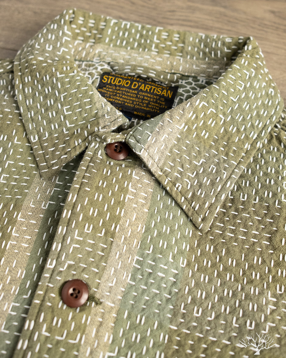Studio D'Artisan - Noragi Sashiko Short-Sleeve Work Shirt - Army
