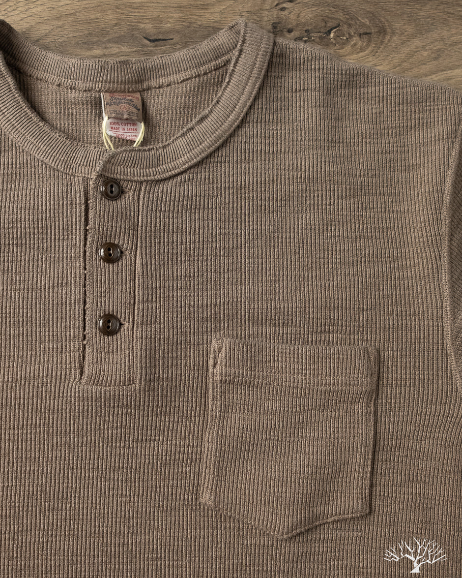 UES - Single Rib Knit Long Sleeve Henley T-Shirt - Beige