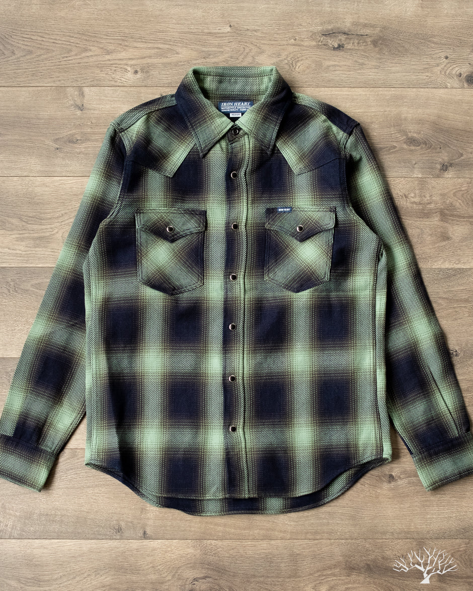 - Check Withered - - Iron Selvedge Ombré – Heart IHSH-348-GRN Shirt Western 9oz Fig Green
