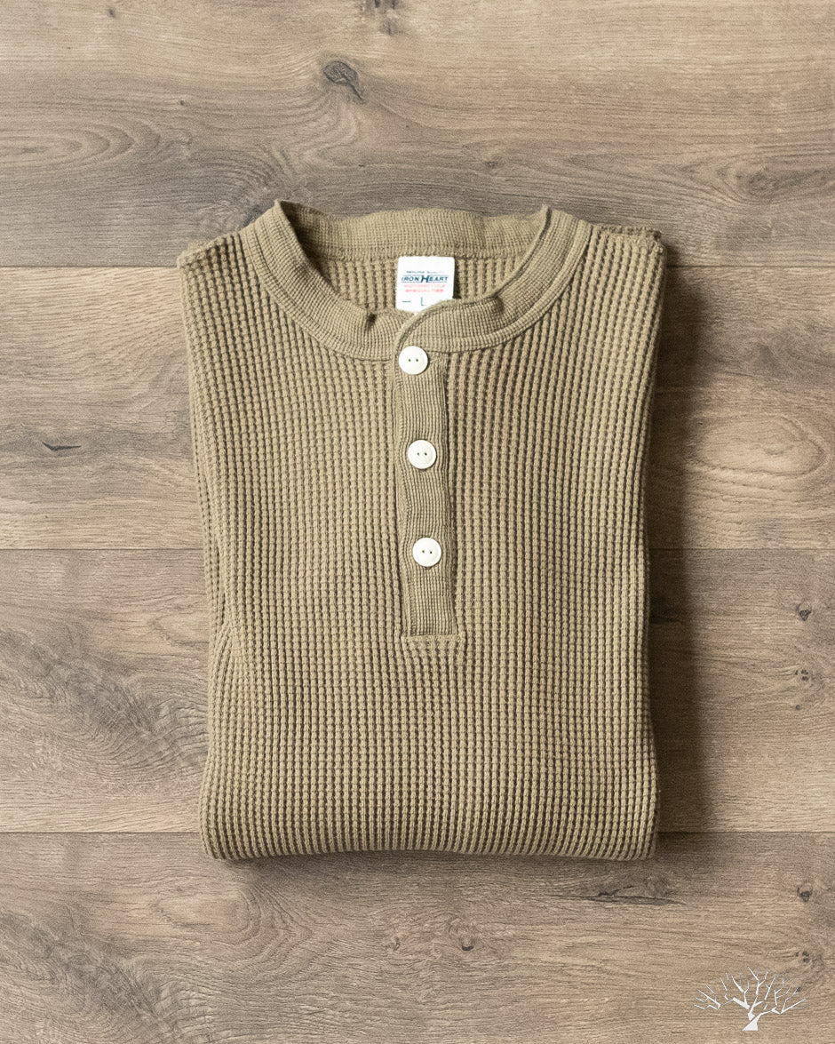 IHTL-1213-OLV - Waffle Knit Long Sleeve Thermal Henley - Olive