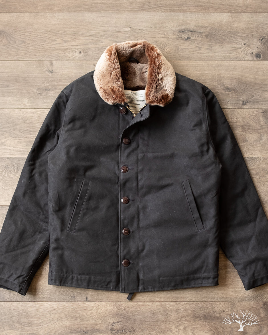 Dehen 1920 - N-1 Deck Jacket - Black Waxed Canvas Kodiak Mouton
