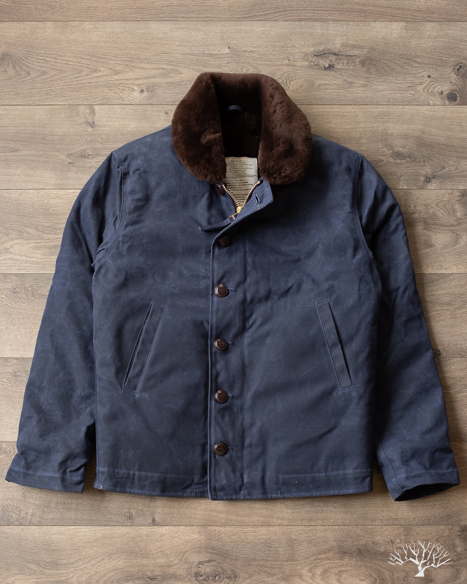 Dehen 1920 - N-1 Deck Jacket - Navy Waxed Canvas Brown Mouton