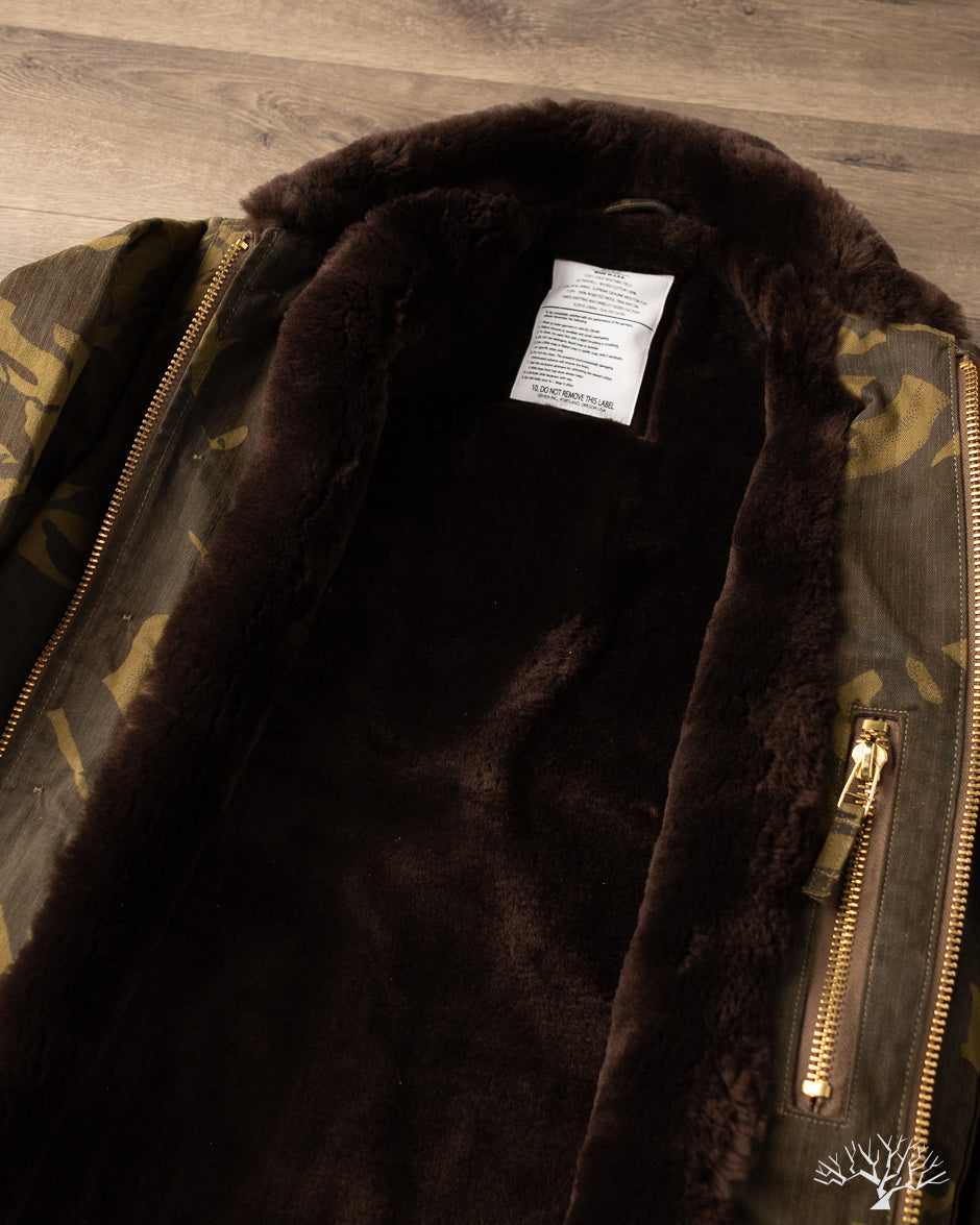 Dehen 1920 N-1 Deck Jacket - Dry Wax Cotton Darkwood Camo Brown Mouton