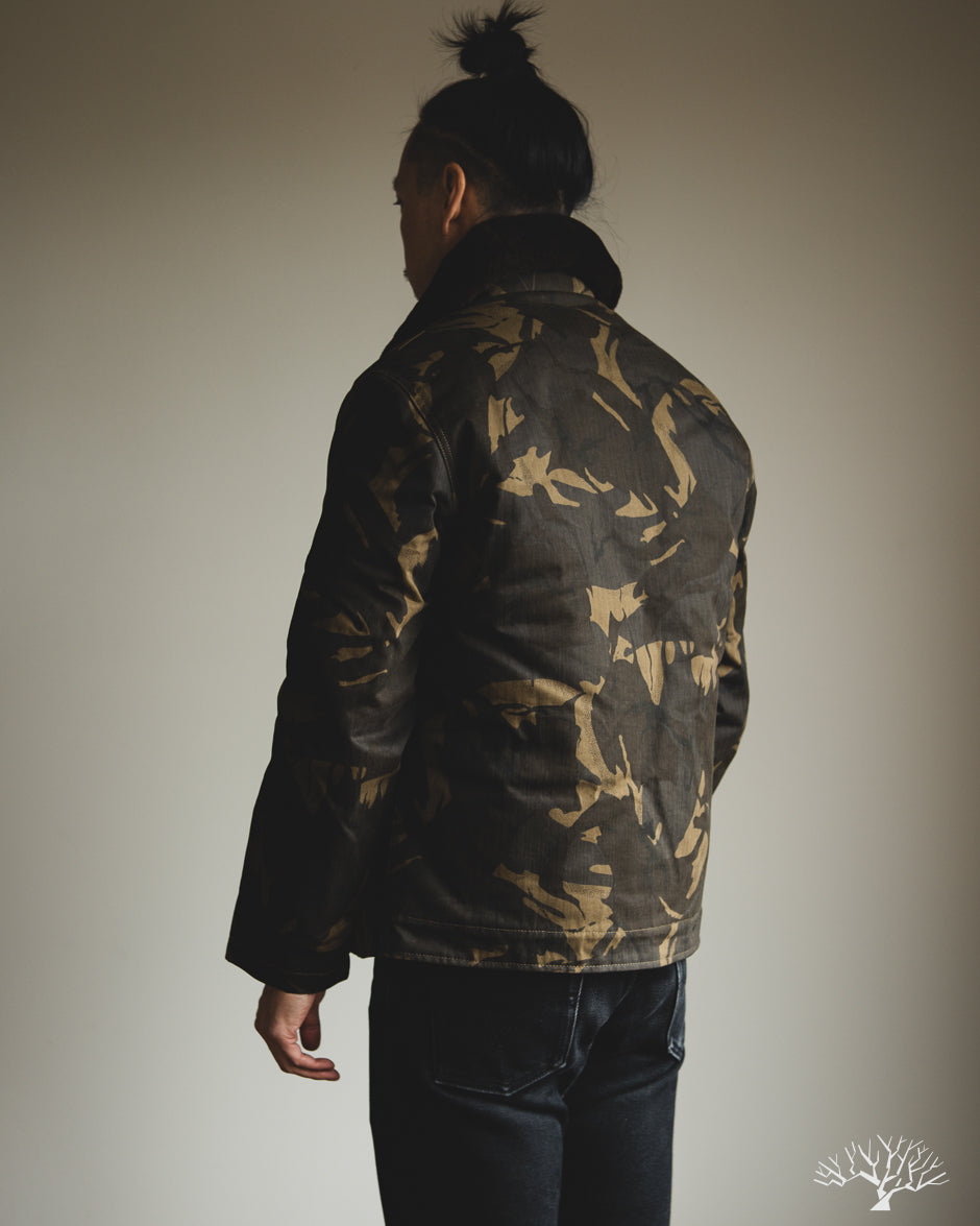 Dehen 1920 N-1 Deck Jacket - Dry Wax Cotton Darkwood Camo Brown Mouton