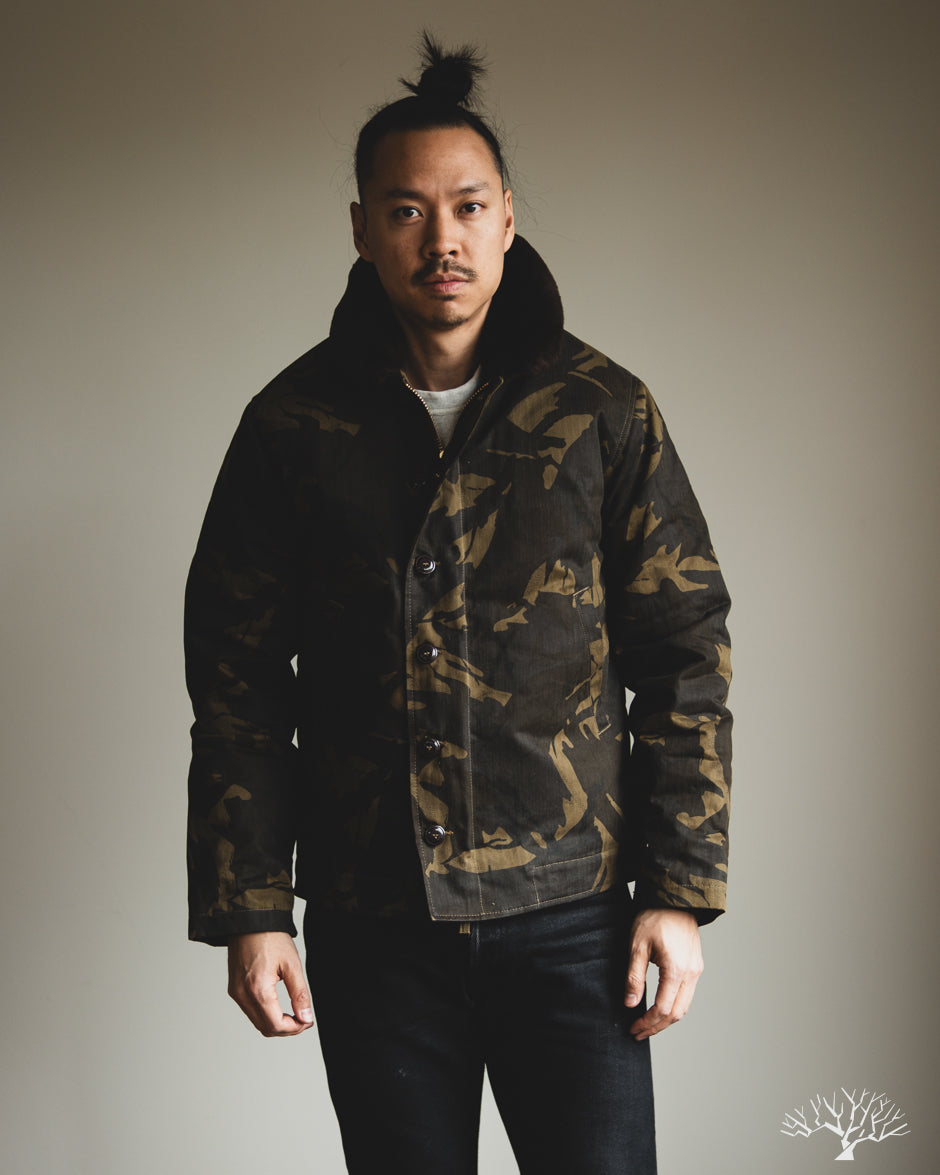 Dehen 1920 N-1 Deck Jacket - Dry Wax Cotton Darkwood Camo Brown Mouton