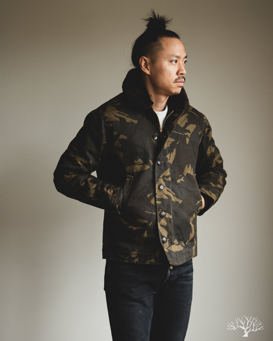 Dehen 1920 N-1 Deck Jacket - Dry Wax Cotton Darkwood Camo Brown Mouton
