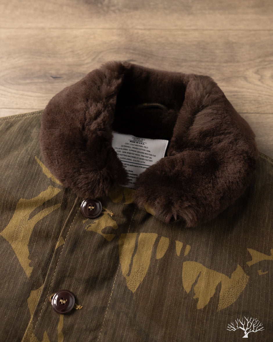 Dehen 1920 N-1 Deck Jacket - Dry Wax Cotton Darkwood Camo Brown Mouton