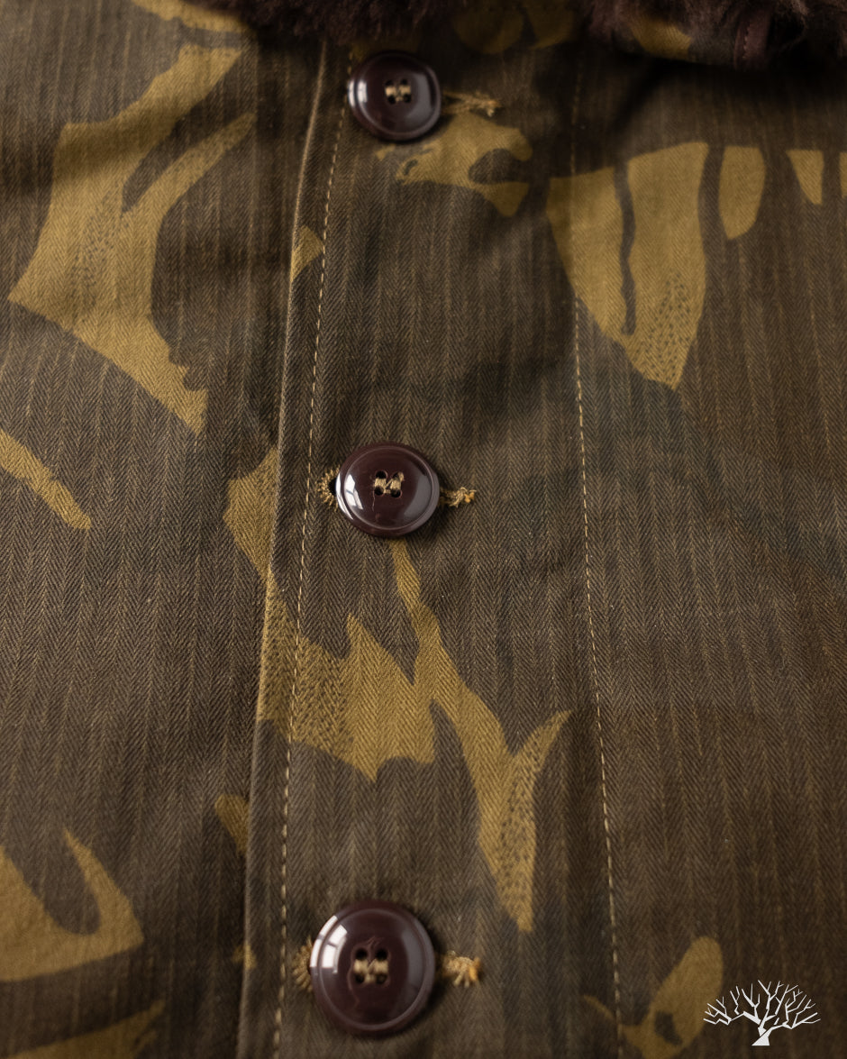 Dehen 1920 N-1 Deck Jacket - Dry Wax Cotton Darkwood Camo Brown Mouton