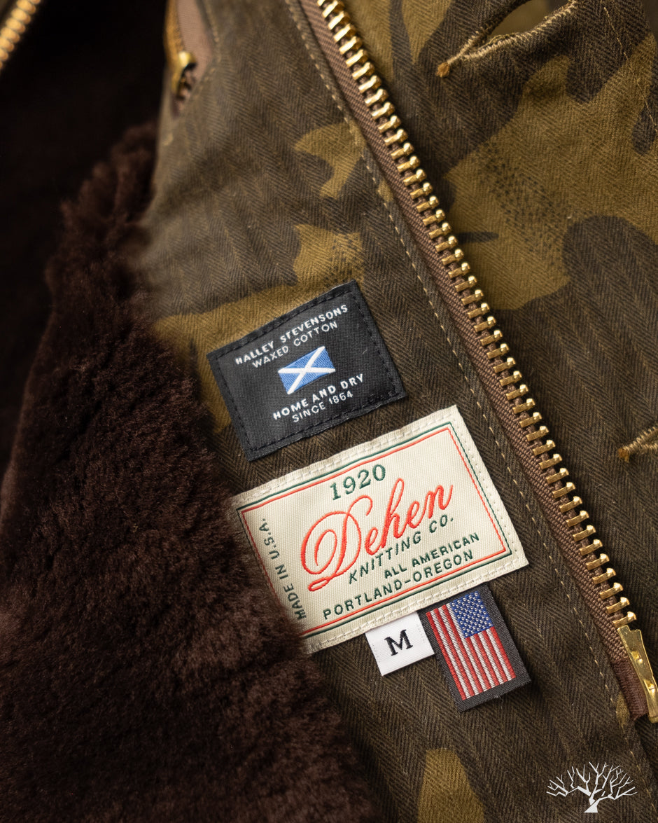 Dehen 1920 N-1 Deck Jacket - Dry Wax Cotton Darkwood Camo Brown Mouton