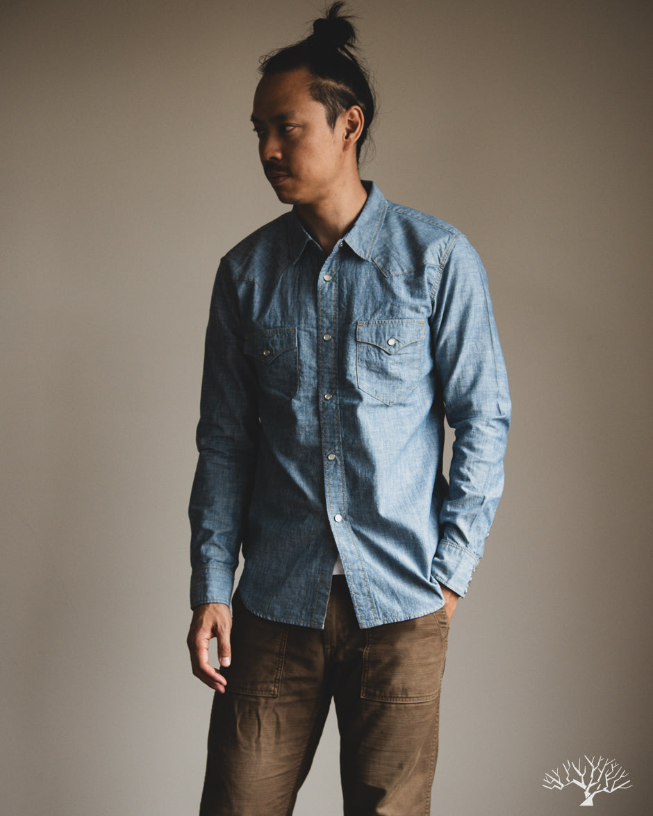 Flat Head FN-SCW-003L - 5oz Chambray Western Shirt - Blue