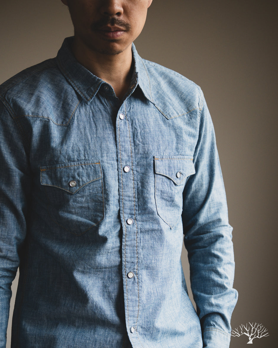Flat Head FN-SCW-003L - 5oz Chambray Western Shirt - Blue