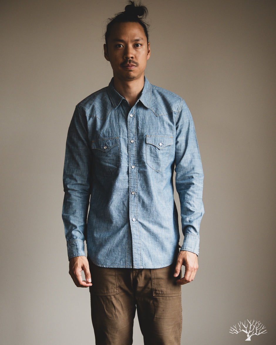 Flat Head FN-SCW-003L - 5oz Chambray Western Shirt - Blue