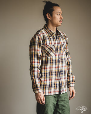The Flat Head - FN-SNR-014L - Flannel Check Work Shirt - Ivory