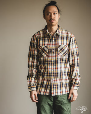 The Flat Head - FN-SNR-014L - Flannel Check Work Shirt - Ivory