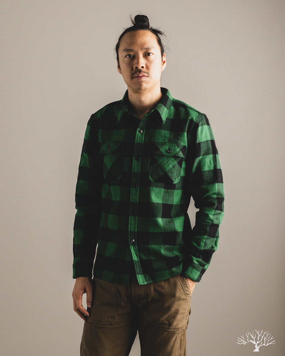 Flat Head FN-SNR-101L - Block Check Flannel Shirt - Green/Black