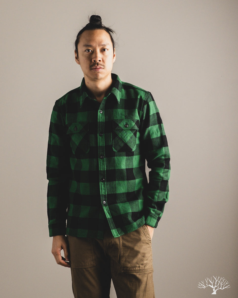 Flat Head FN-SNR-101L - Block Check Flannel Shirt - Green/Black