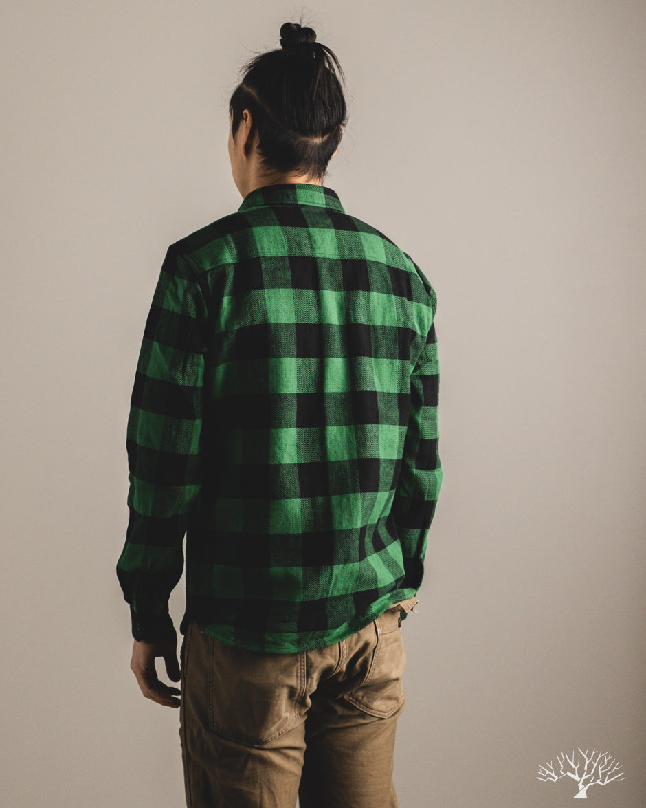 Flat Head FN-SNR-101L - Block Check Flannel Shirt - Green/Black