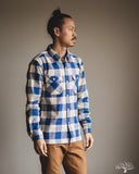 Flat Head FN-SNR-101L - Block Check Flannel Shirt - White/Blue