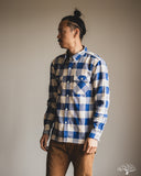 Flat Head FN-SNR-101L - Block Check Flannel Shirt - White/Blue