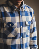 Flat Head FN-SNR-101L - Block Check Flannel Shirt - White/Blue