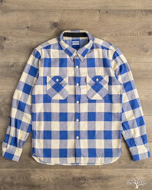Flat Head FN-SNR-101L - Block Check Flannel Shirt - White/Blue