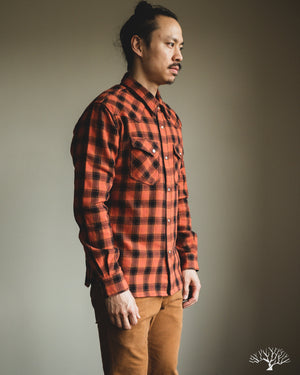 The Flat Head FN-SNW-005L - Ombre Check Flannel Western Shirt - Orange/Black