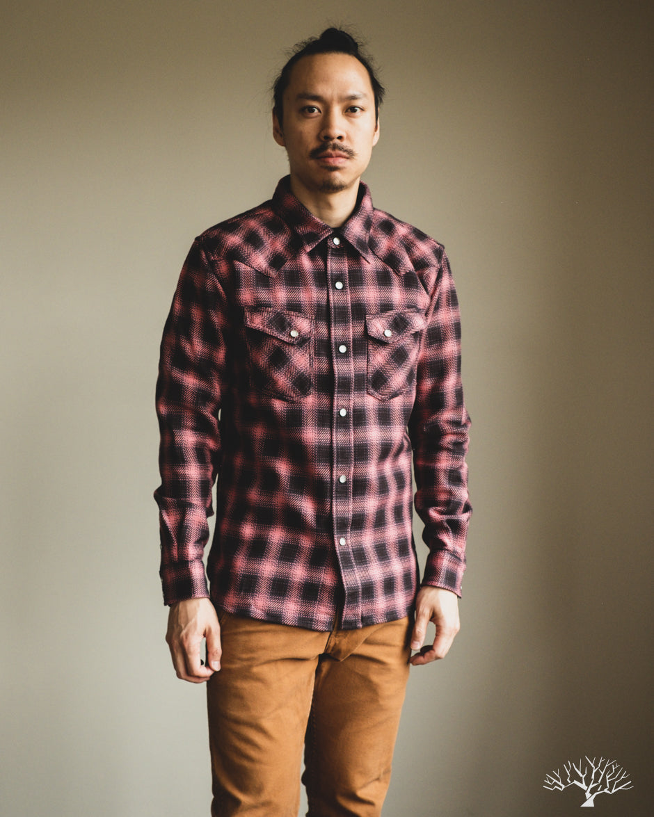 The Flat Head FN-SNW-005L - Ombre Check Flannel Western Shirt - Pink/Black