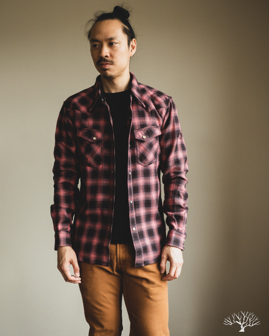 The Flat Head FN-SNW-005L - Ombre Check Flannel Western Shirt - Pink/Black