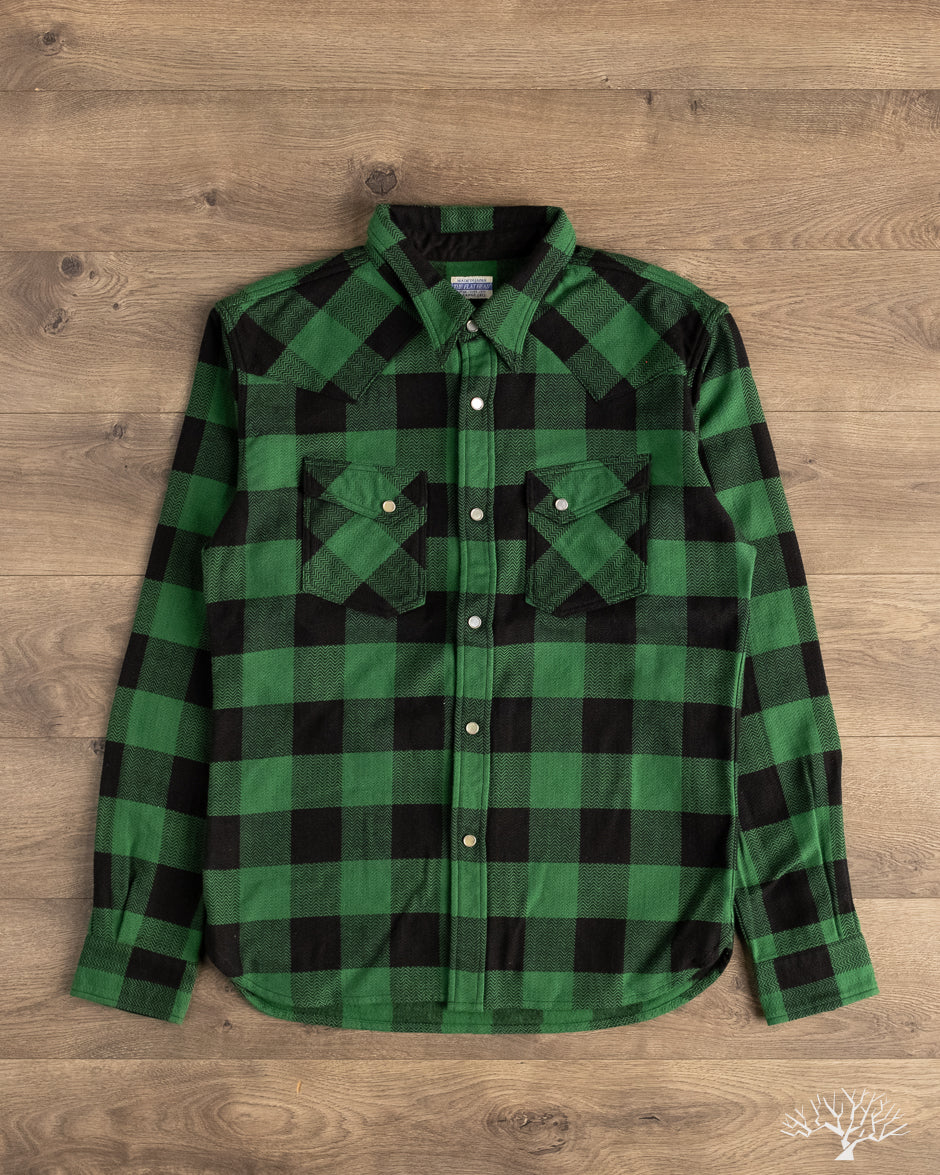 Flat Head FN-SNW-101L - Block Check Flannel Western Shirt - Green/Black