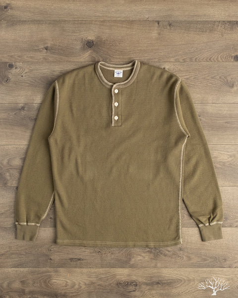 The Flat Head - FN-THLH-004 - Waffle Knit Henley Thermal - Olive