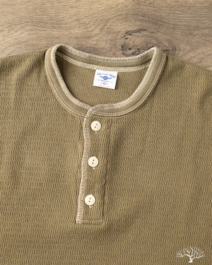 The Flat Head - FN-THLH-004 - Waffle Knit Henley Thermal - Olive