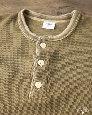 The Flat Head - FN-THLH-004 - Waffle Knit Henley Thermal - Olive