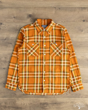 Iron Heart IHSH-442-ORA - 9oz Selvedge Flannel Check Work Shirt - Orange