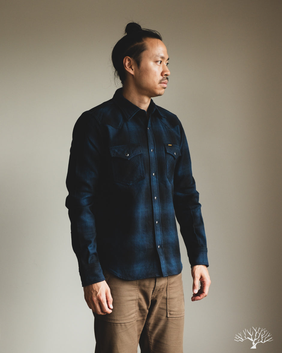 Iron Heart IHSH-264-NAV - UHF Ombré Check Western Shirt - Navy/Black
