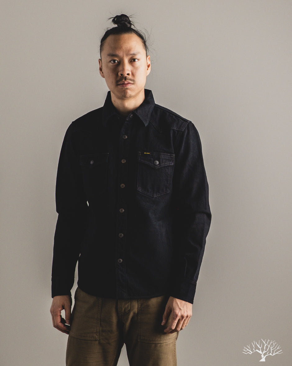 Iron Heart IHSH-293-OD - 18oz Vintage Selvedge Denim CPO Shirt - Indigo Overdyed Black