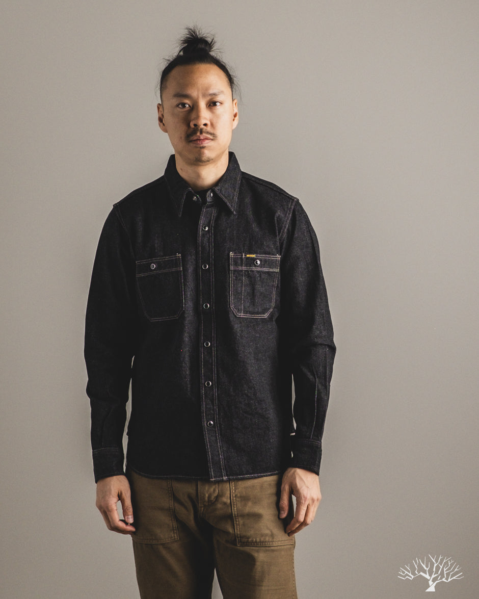 Iron Heart IHSH-326-BLK - 12oz Selvedge Denim Snap Work Shirt - Black