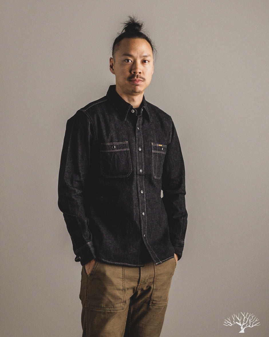 Iron Heart IHSH-326-BLK - 12oz Selvedge Denim Snap Work Shirt - Black
