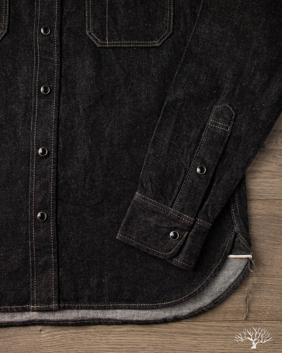 Iron Heart IHSH-326-BLK - 12oz Selvedge Denim Snap Work Shirt - Black