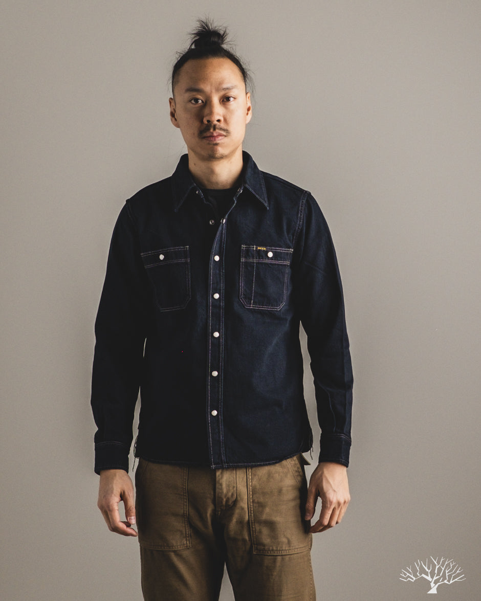 Iron Heart IHSH-326-OD - 12oz Selvedge Denim Snap Work Shirt - Indigo Overdyed Black