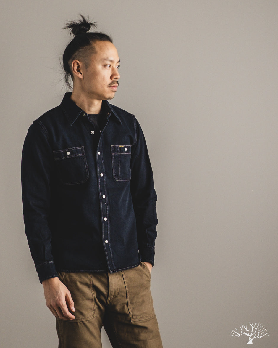 Iron Heart IHSH-326-OD - 12oz Selvedge Denim Snap Work Shirt - Indigo Overdyed Black