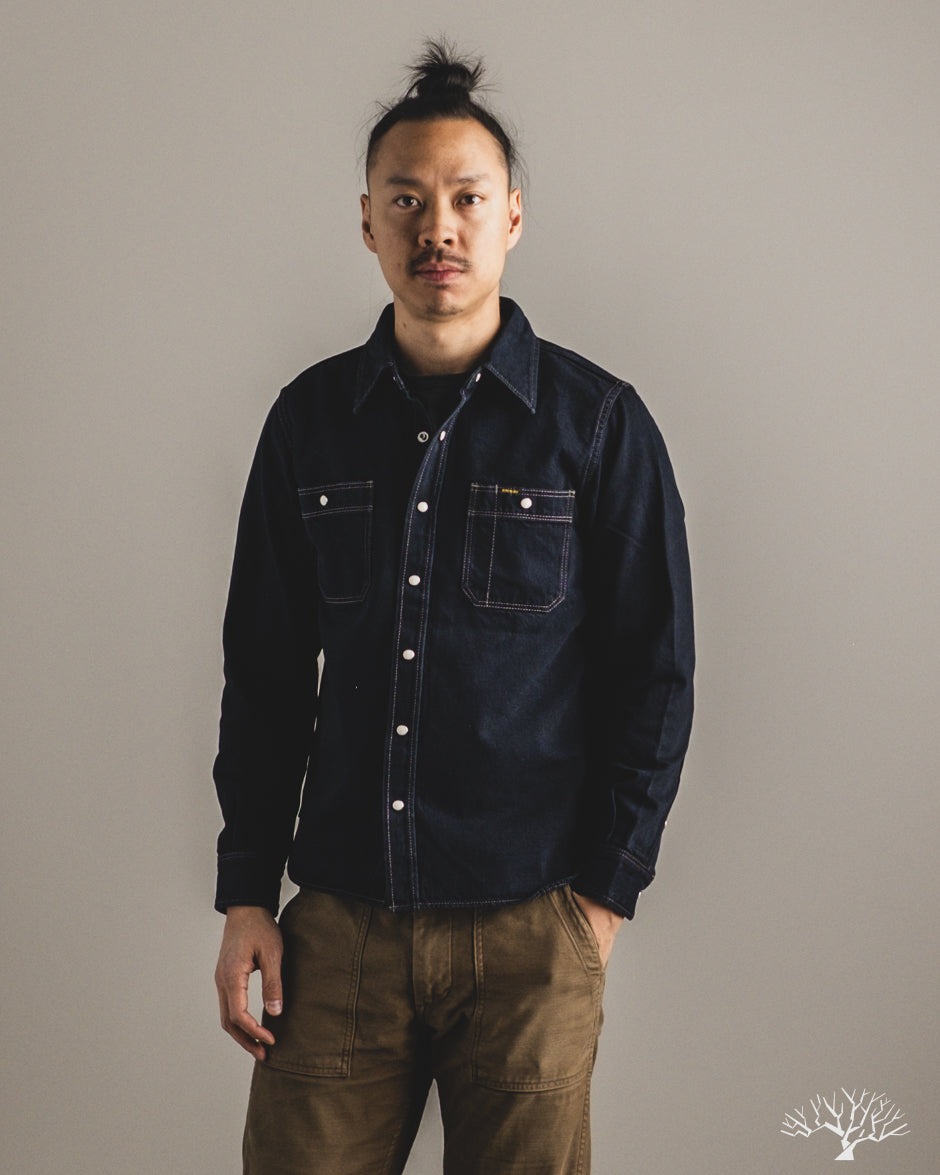 Iron Heart IHSH-326-OD - 12oz Selvedge Denim Snap Work Shirt - Indigo Overdyed Black