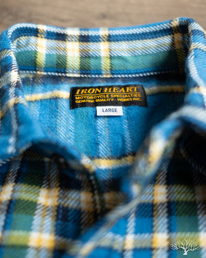 Iron Heart IHSH-370-BLU - Ultra Heavy Flannel Western Shirt - Blue Tartan Check